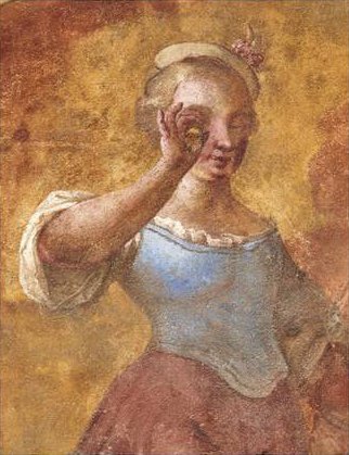 Detail: Dame mit Armbrust, Fassadenbemalung am Hornsteinerhaus in Mittenwald, 1775