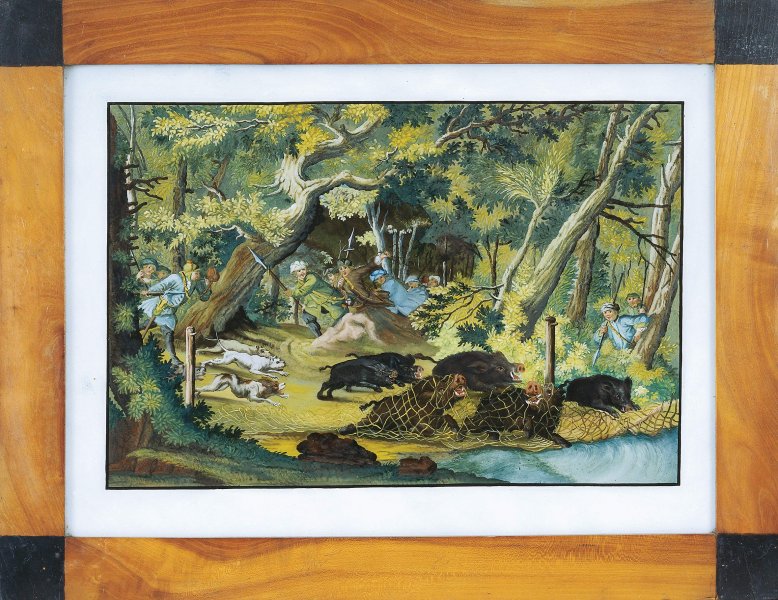 Wildschweinjagd (wie die Schweine mit Netzen gefangen werden), Sammlung Guido Lang, 1. Hälfte 19. Jahrhundert